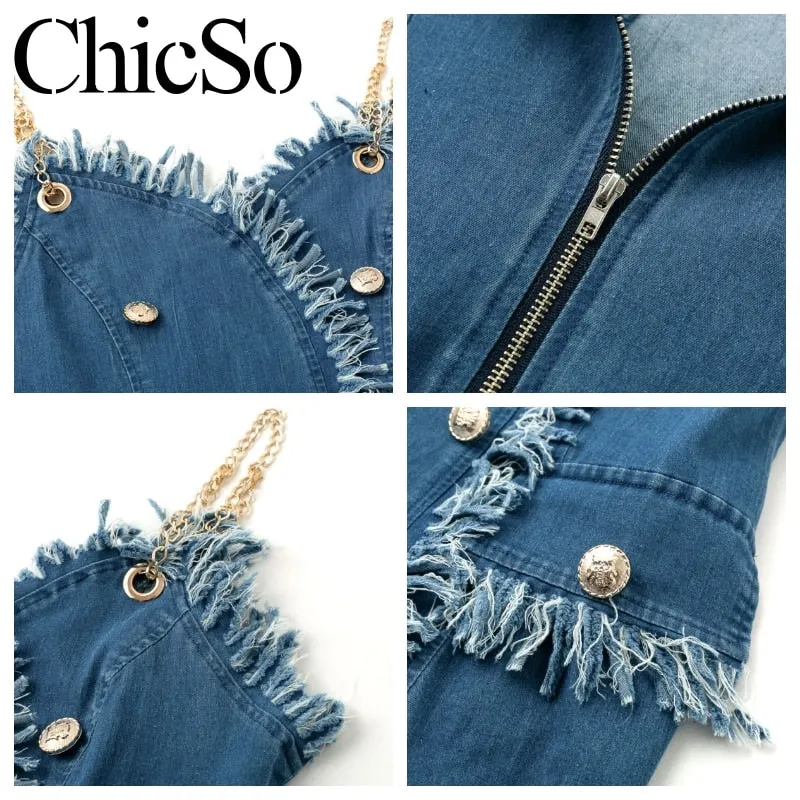 Chain denim mini blue dress Women tassel jean dress