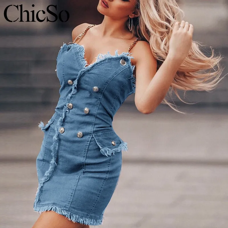 Chain denim mini blue dress Women tassel jean dress