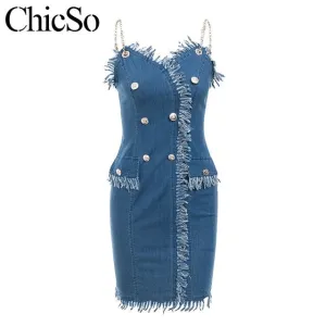 Chain denim mini blue dress Women tassel jean dress