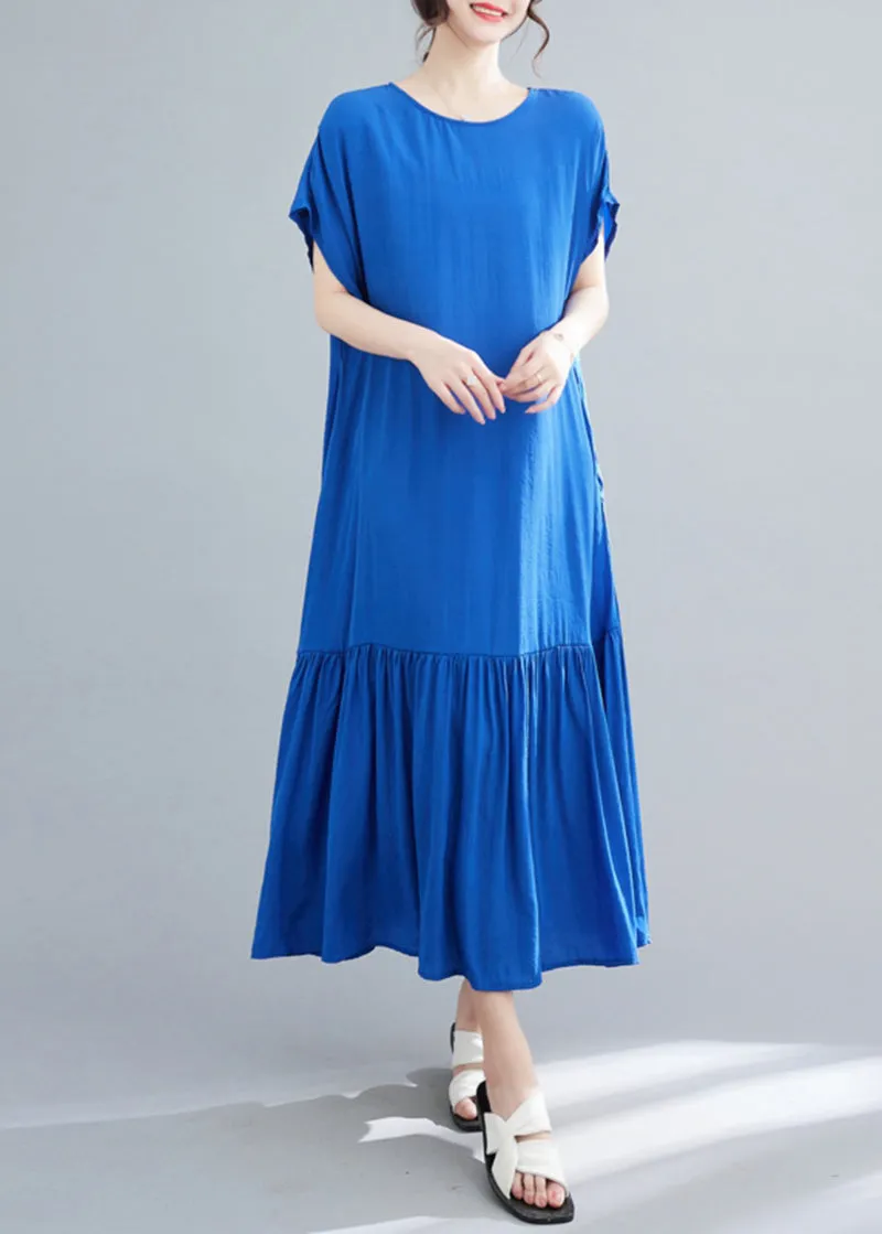 Chic Blue Women's Oversized Patchwork Wrinkled Cotton Robe Summer Dress