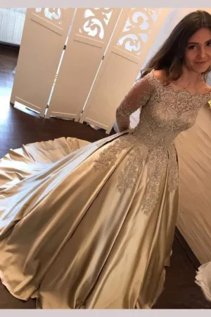 Chic Gold Off Shoulder Long Sleeve Ball Gown Appliques Satin Prom Dress