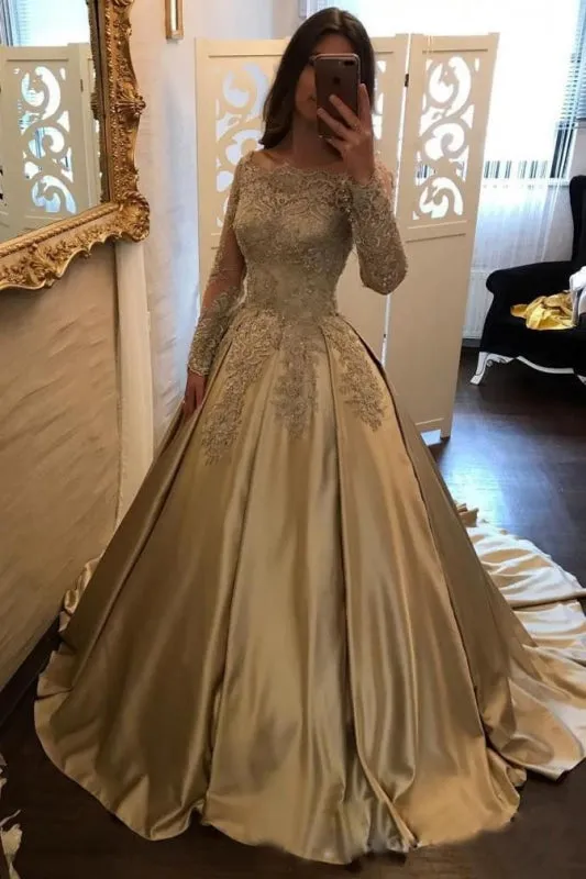 Chic Gold Off Shoulder Long Sleeve Ball Gown Appliques Satin Prom Dress