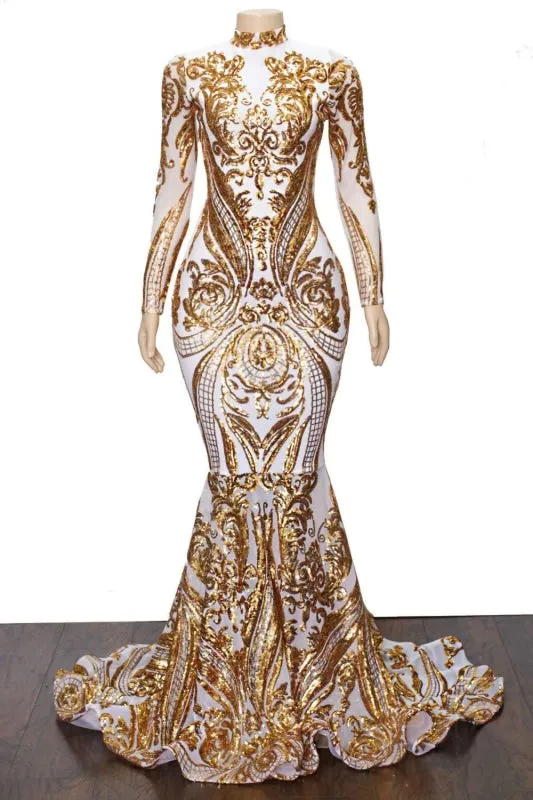 Chic High Neck Long Sleeve Sequins Mermaid Prom Dress