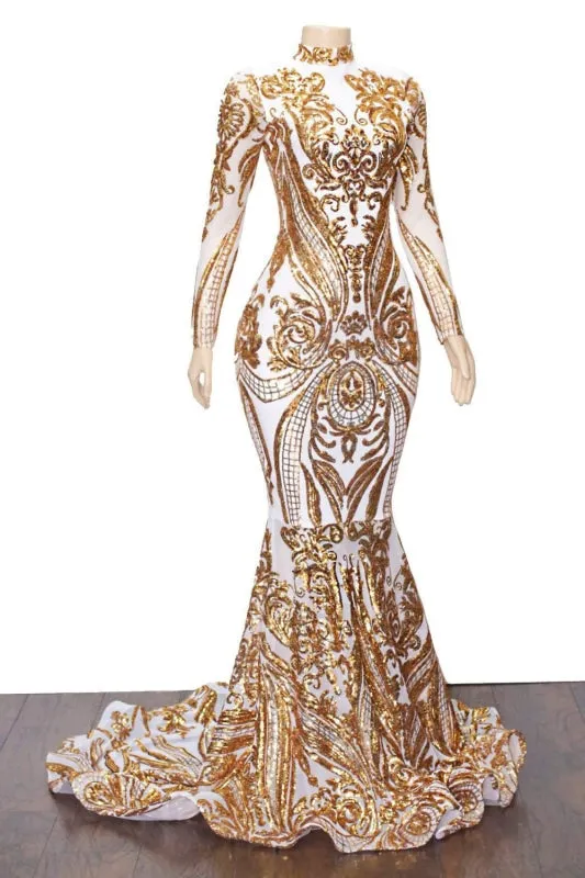 Chic High Neck Long Sleeve Sequins Mermaid Prom Dress