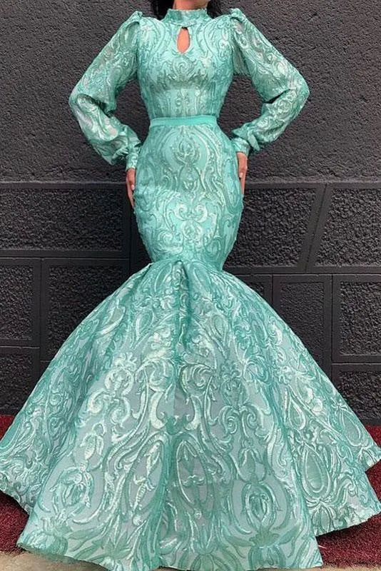 Chic Lace High Neck Long Sleeve Mermaid Prom Dresses