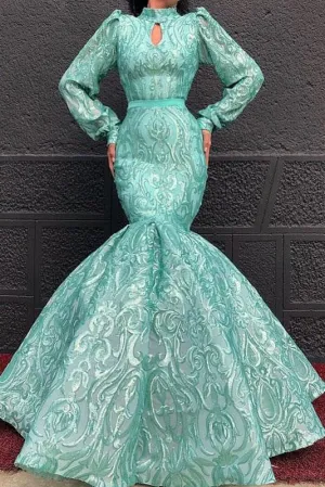 Chic Lace High Neck Long Sleeve Mermaid Prom Dresses