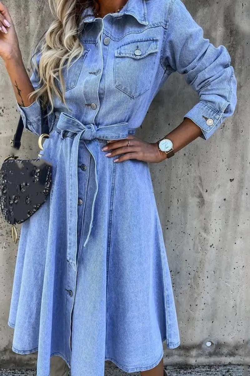 Chouyatou Denim Dress for Women 2024 Casual Belted Long Sleeve Button Down Midi Jean Dresses with Pockets