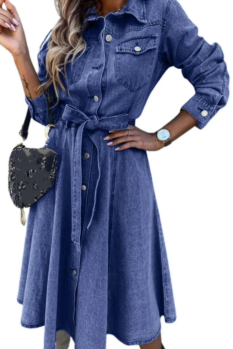 Chouyatou Denim Dress for Women 2024 Casual Belted Long Sleeve Button Down Midi Jean Dresses with Pockets