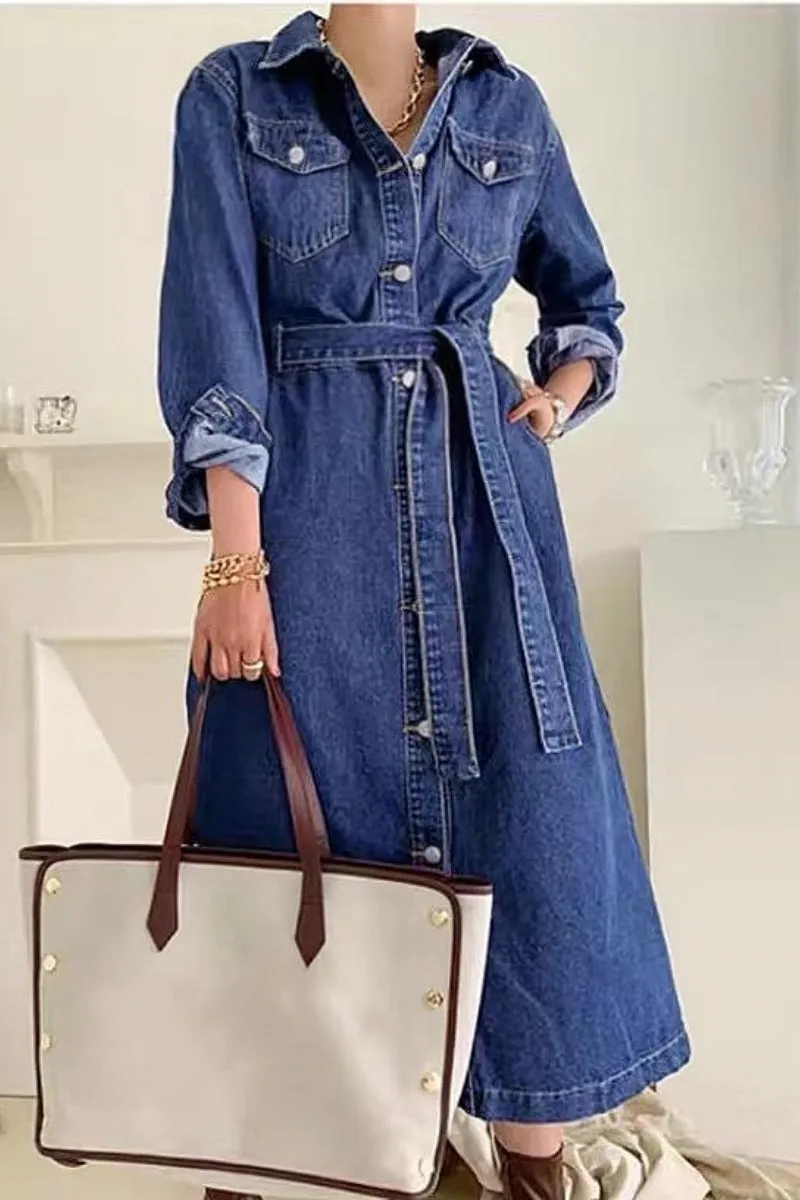 Chouyatou Denim Dress for Women 2024 Casual Belted Long Sleeve Button Down Midi Jean Dresses with Pockets