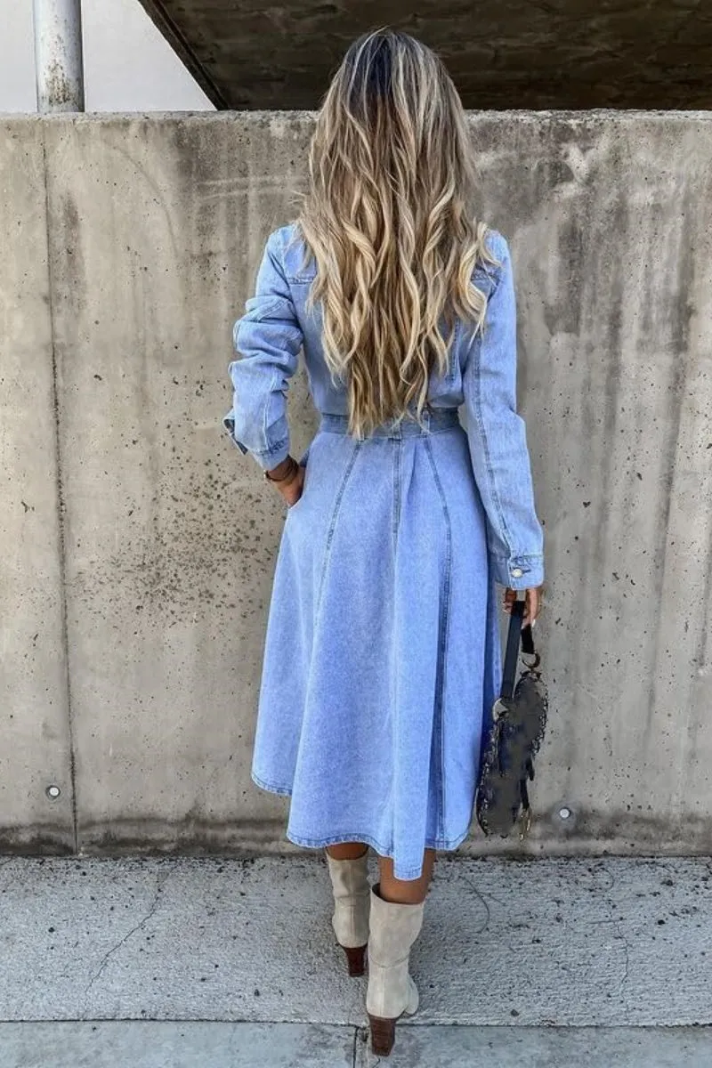 Chouyatou Denim Dress for Women 2024 Casual Belted Long Sleeve Button Down Midi Jean Dresses with Pockets