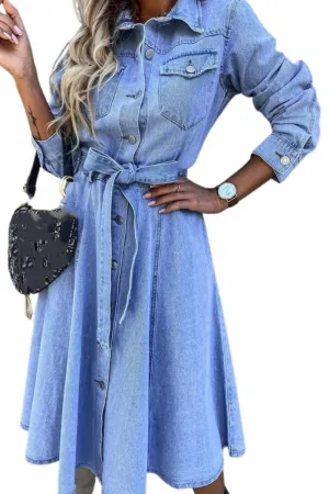 Chouyatou Denim Dress for Women 2024 Casual Belted Long Sleeve Button Down Midi Jean Dresses with Pockets