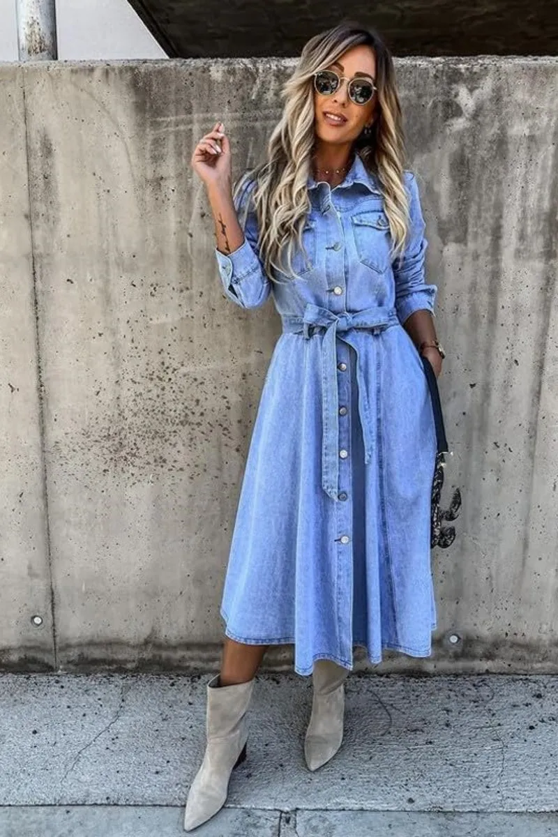 Chouyatou Denim Dress for Women 2024 Casual Belted Long Sleeve Button Down Midi Jean Dresses with Pockets