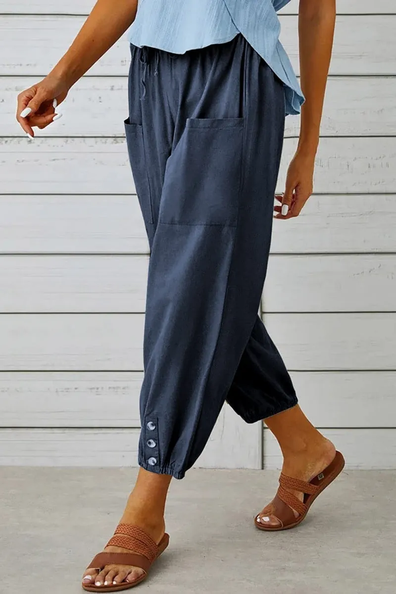 Chouyatou Women Cotton and Linen Drawstring Capri Pants Casual High Waist Pocket Cropped Pants