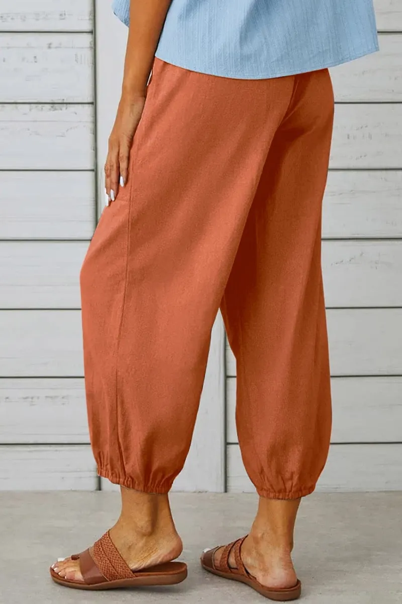 Chouyatou Women Cotton and Linen Drawstring Capri Pants Casual High Waist Pocket Cropped Pants