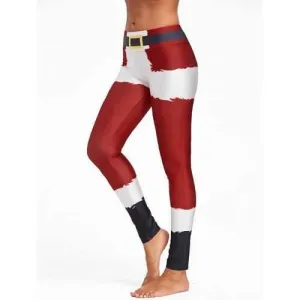 Christmas Belt Print Color Block Leggings - Red Xl