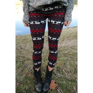 Christmas Deer Snowflake Print Tight Leggings - One Size