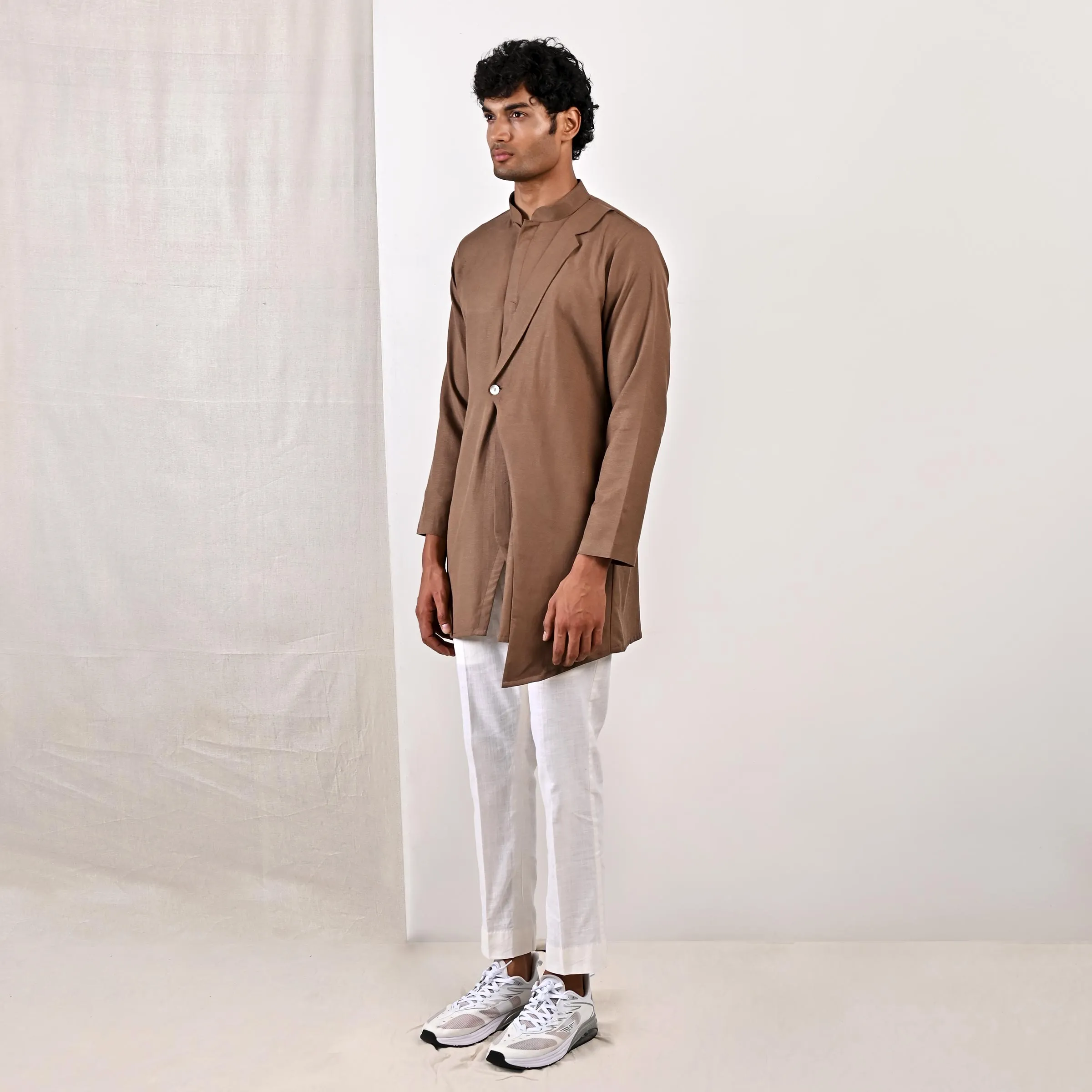 Cillian - Light Brown Short Kurta With Off White Pant Set