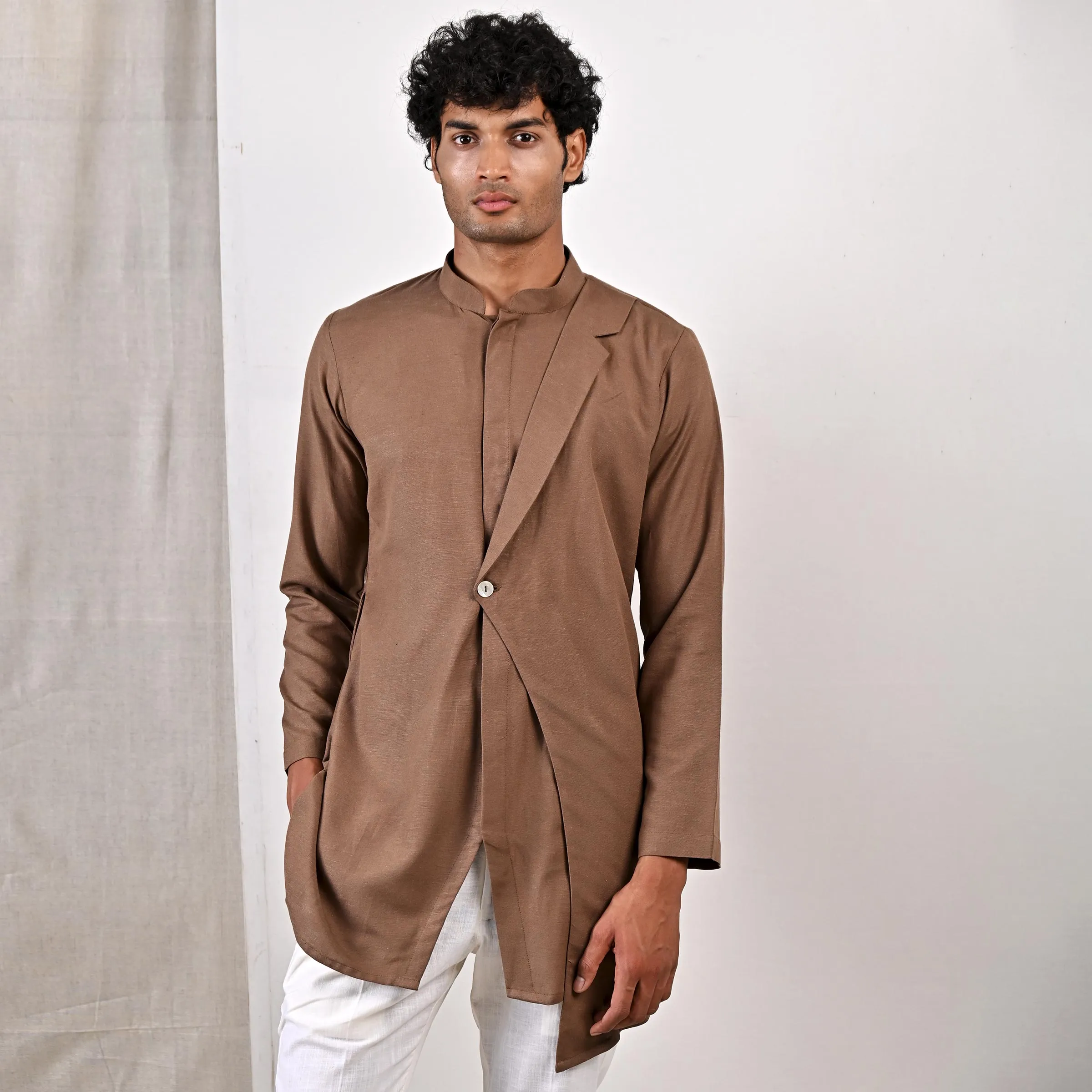 Cillian - Light Brown Short Kurta With Off White Pant Set