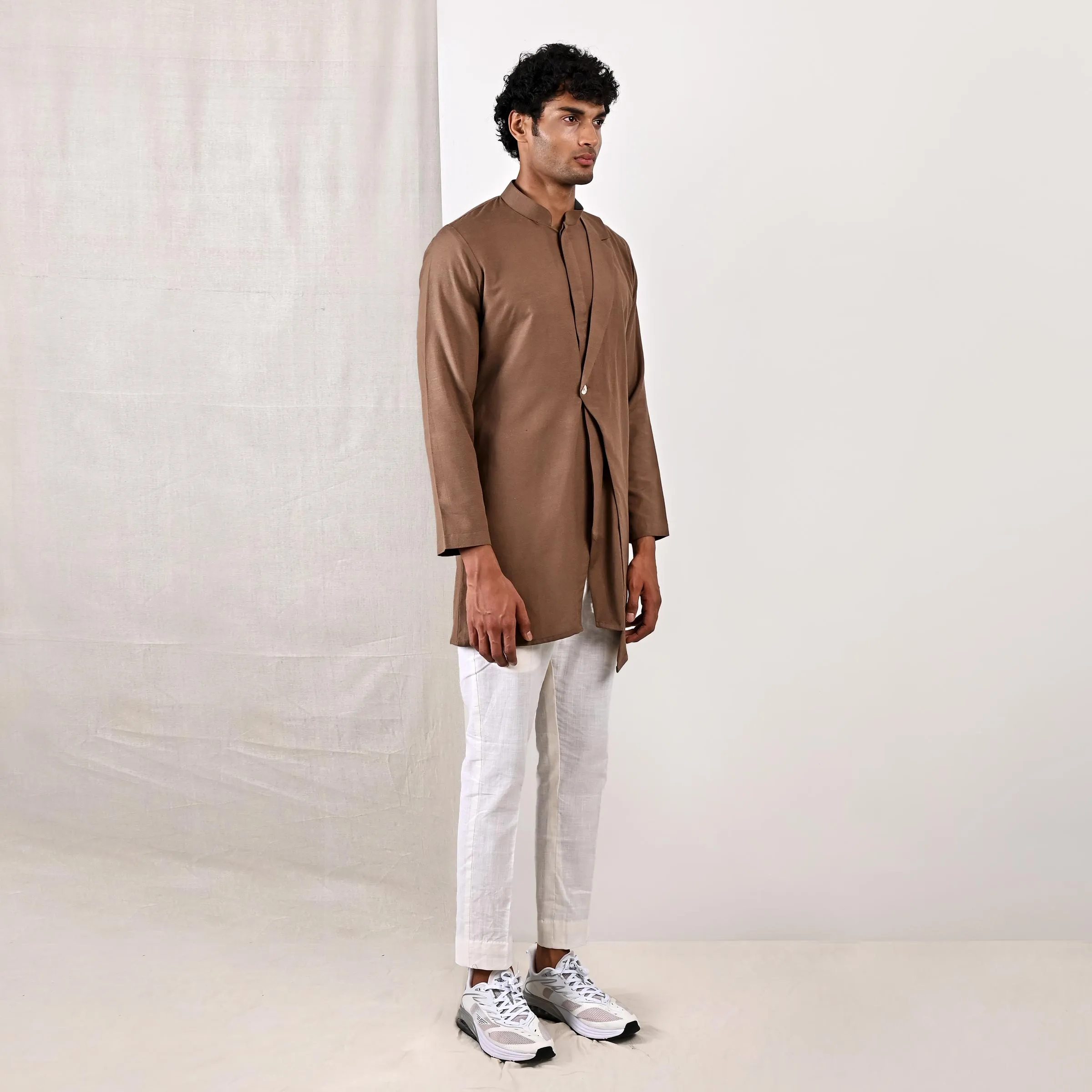 Cillian - Light Brown Short Kurta With Off White Pant Set