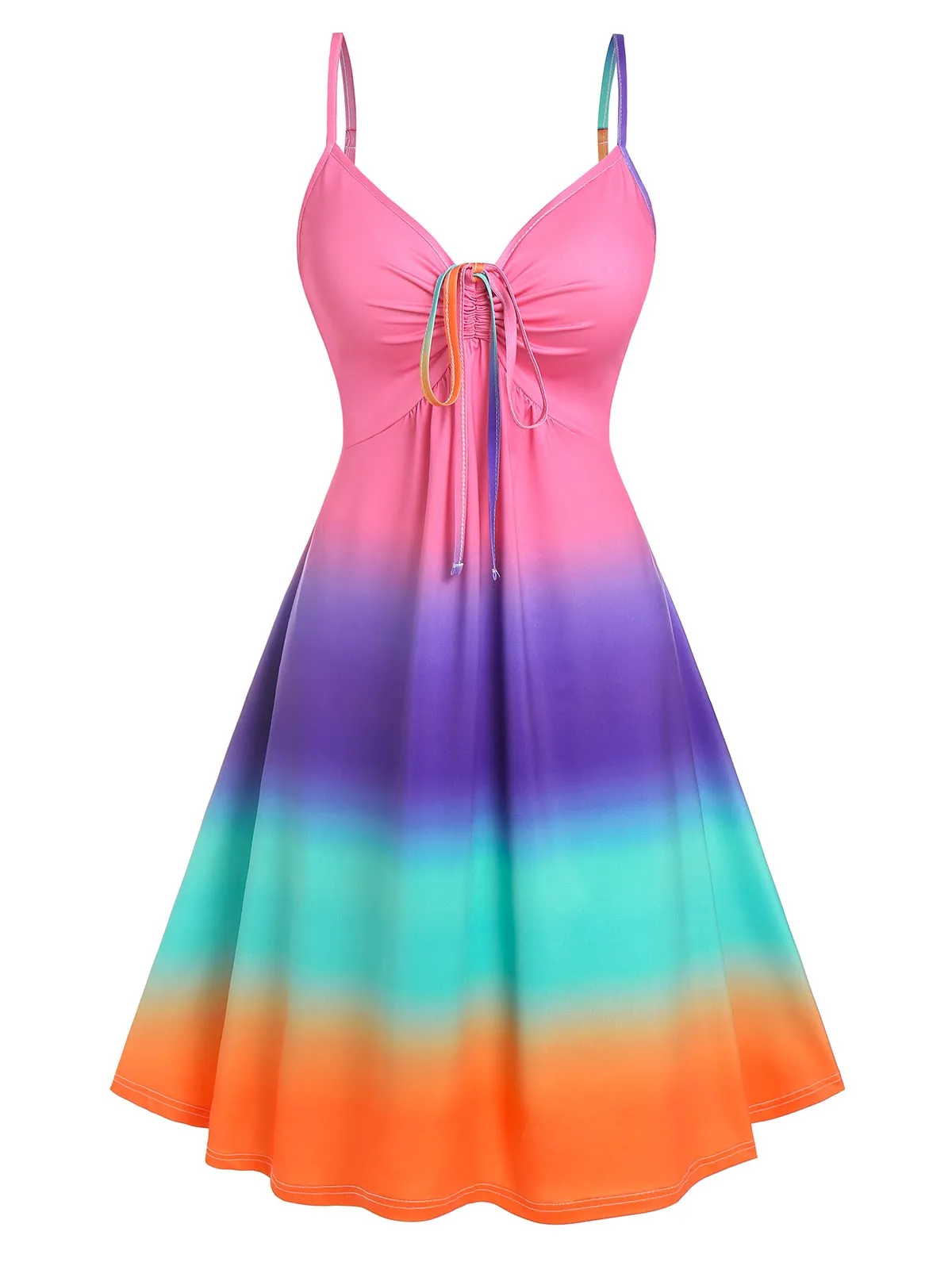 CityHottie - Wipalo Casual Dress Plus Size Women Cinched Rainbow Color Ombre Slip Dress Spaghetti Strap Summer Sexy Party Dress Robe Femme