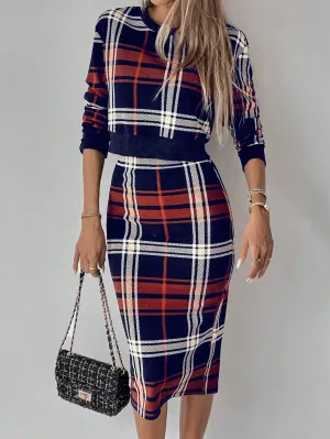 Clasi 2pcs Women Plaid Round Neck Long Sleeve Top And A-Line Skirt Set