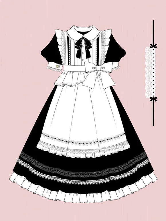 Classical Lolita OP Dress 2-Piece Set Black Dress White Apron Ruffles Bows Color Block Bow Maid Dress