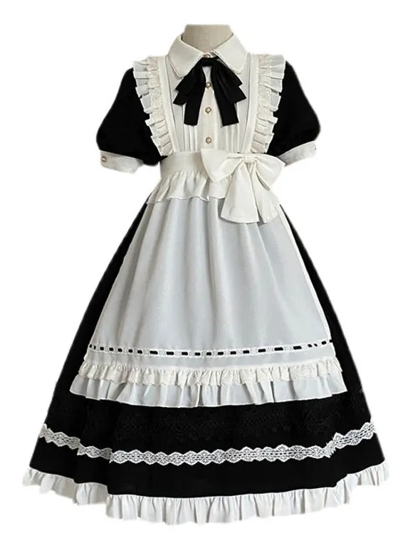 Classical Lolita OP Dress 2-Piece Set Black Dress White Apron Ruffles Bows Color Block Bow Maid Dress