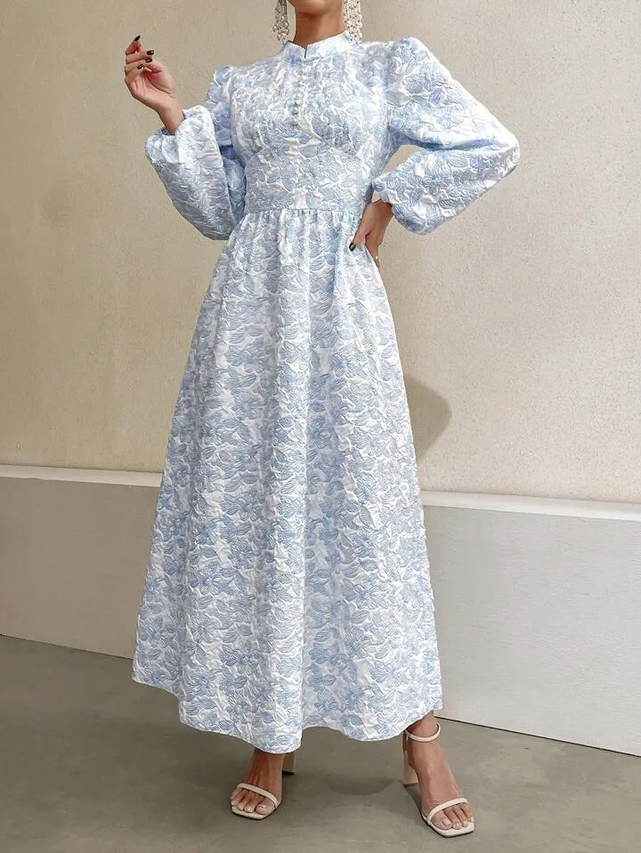 CM-DS096454 Women Casual Seoul Style Stand Collar Faux Pearl Decor Floral Jacquard Long Dress