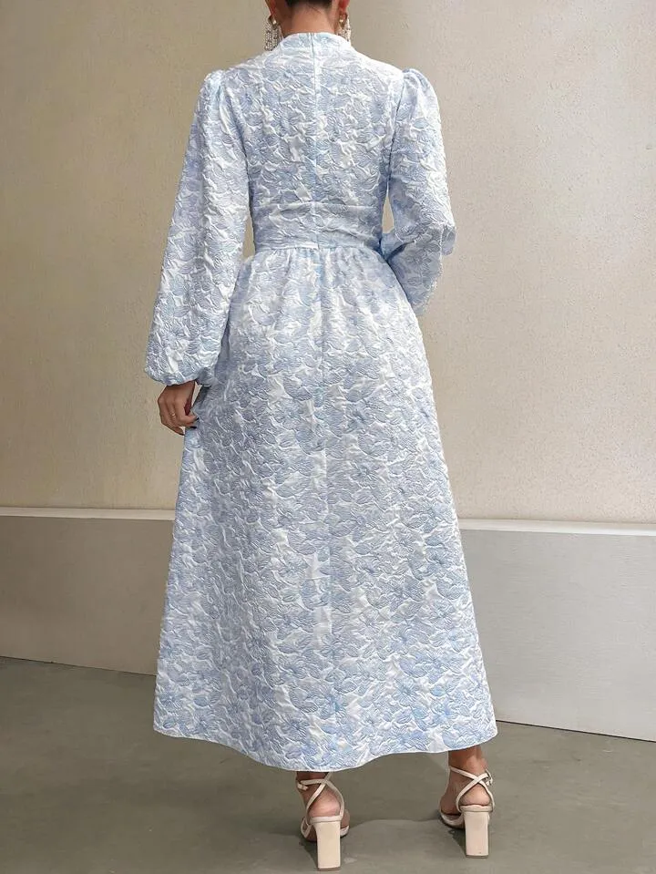 CM-DS096454 Women Casual Seoul Style Stand Collar Faux Pearl Decor Floral Jacquard Long Dress