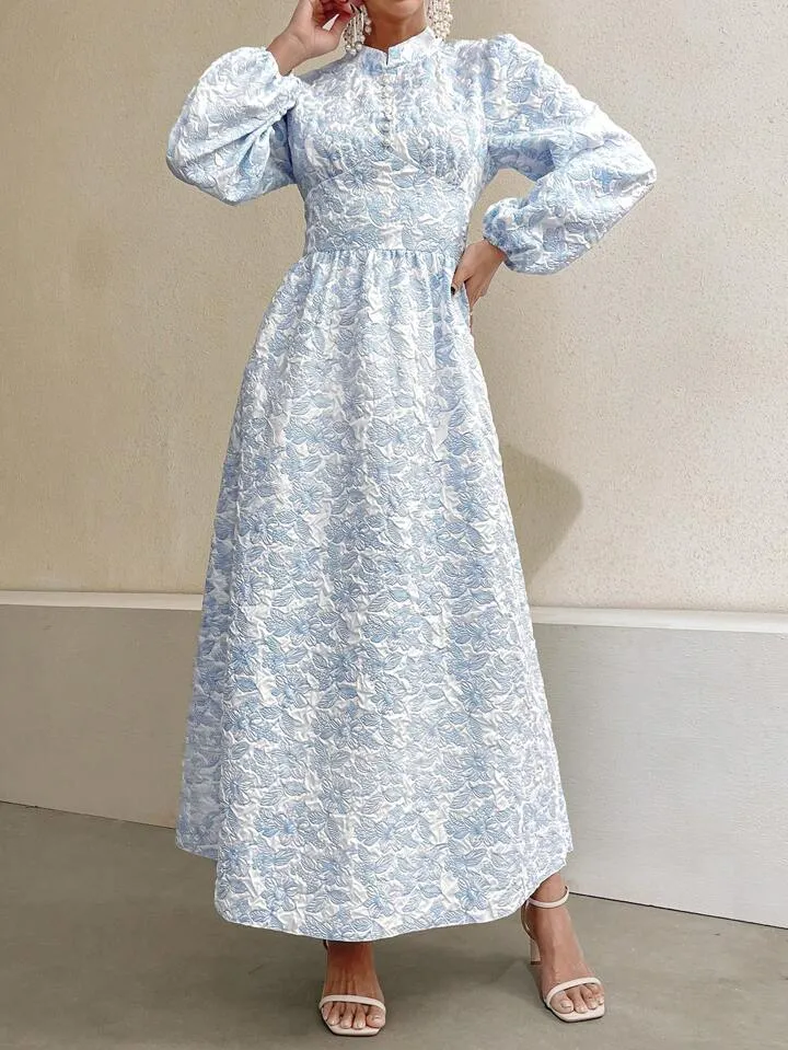 CM-DS096454 Women Casual Seoul Style Stand Collar Faux Pearl Decor Floral Jacquard Long Dress