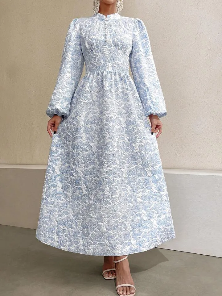 CM-DS096454 Women Casual Seoul Style Stand Collar Faux Pearl Decor Floral Jacquard Long Dress