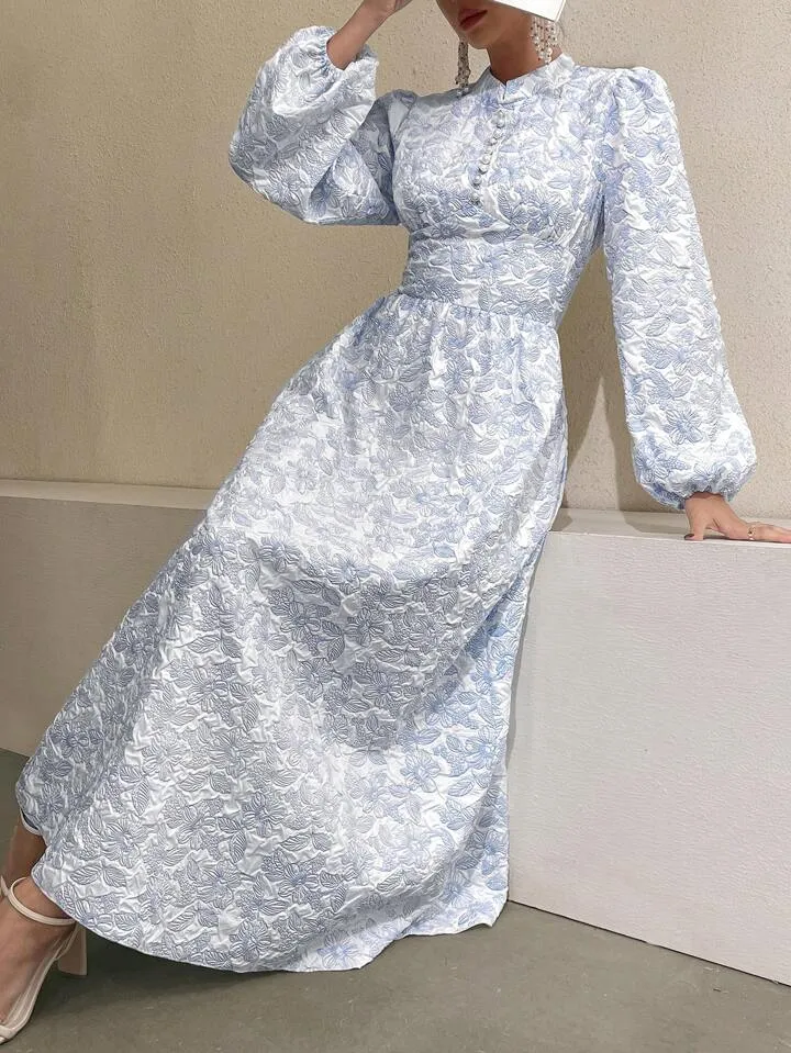 CM-DS096454 Women Casual Seoul Style Stand Collar Faux Pearl Decor Floral Jacquard Long Dress