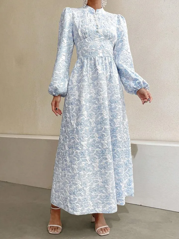 CM-DS096454 Women Casual Seoul Style Stand Collar Faux Pearl Decor Floral Jacquard Long Dress