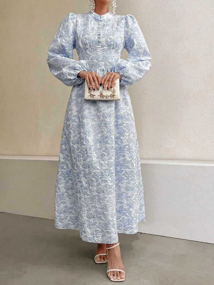 CM-DS096454 Women Casual Seoul Style Stand Collar Faux Pearl Decor Floral Jacquard Long Dress