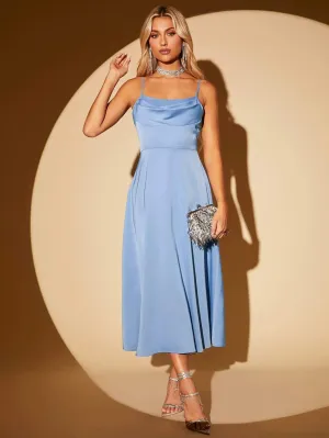 CM-DS242611 Women Elegant Seoul Style Draped Collar Zip Back Cami Dress - Baby Blue
