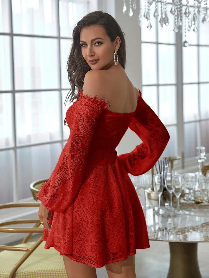 CM-DS257935 Women Elegant Seoul Style Off Shoulder Lace Up Front Lantern Sleeve Lace Dress - Red
