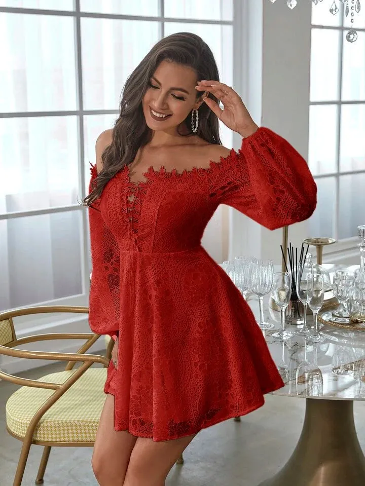 CM-DS257935 Women Elegant Seoul Style Off Shoulder Lace Up Front Lantern Sleeve Lace Dress - Red