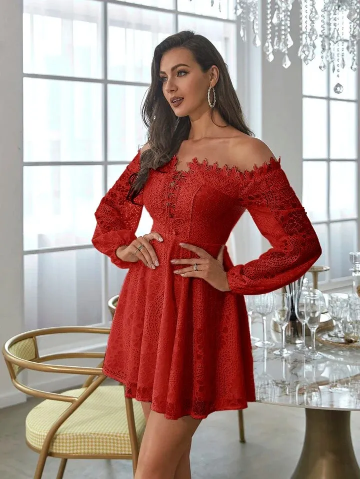 CM-DS257935 Women Elegant Seoul Style Off Shoulder Lace Up Front Lantern Sleeve Lace Dress - Red