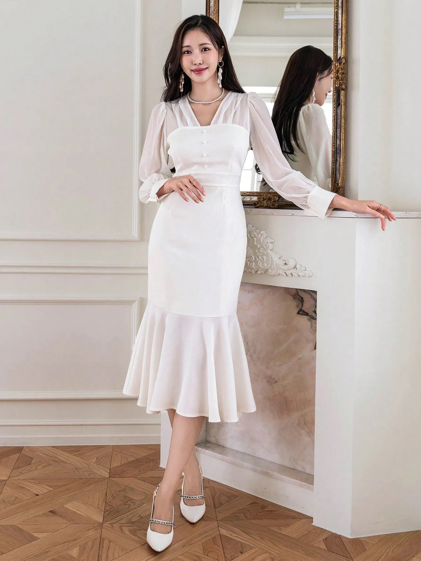 CM-DS273926 Women Elegant Seoul Style Solid Color V-Neck Puff Sleeve Mesh Patchwork Dress