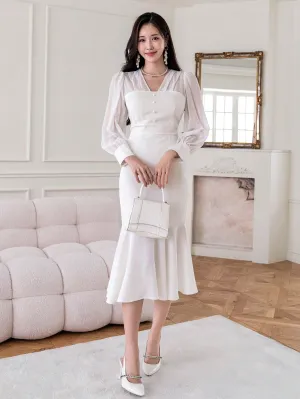 CM-DS273926 Women Elegant Seoul Style Solid Color V-Neck Puff Sleeve Mesh Patchwork Dress