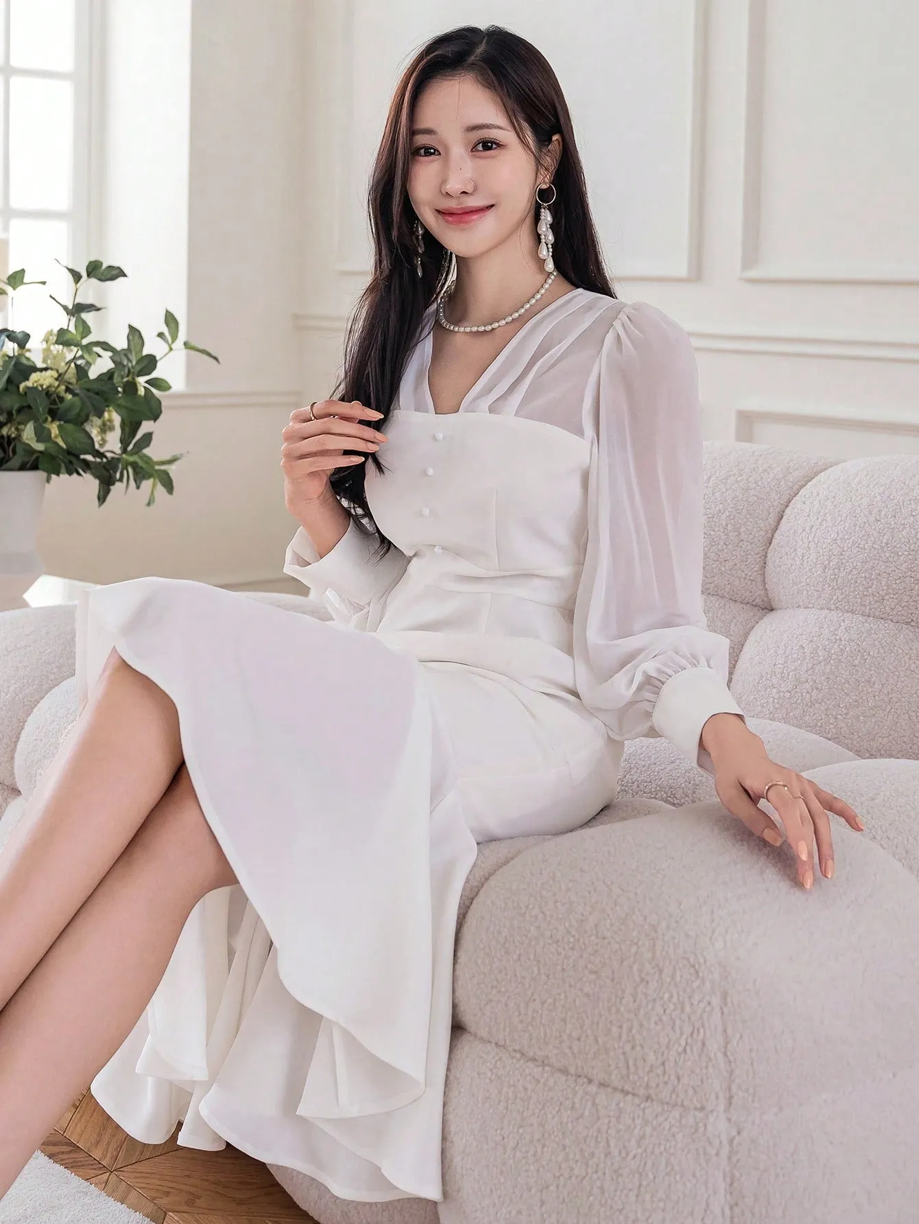 CM-DS273926 Women Elegant Seoul Style Solid Color V-Neck Puff Sleeve Mesh Patchwork Dress