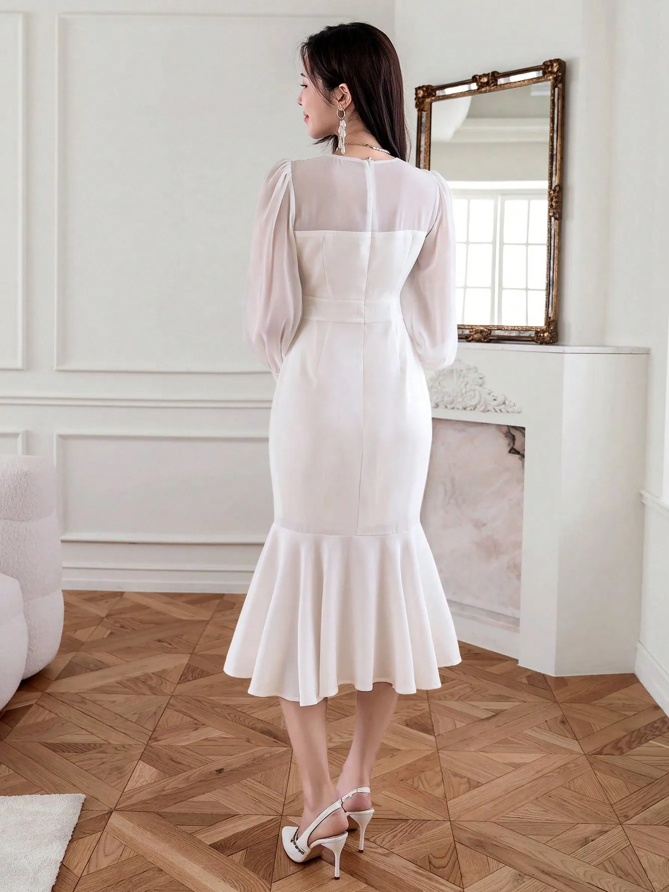 CM-DS273926 Women Elegant Seoul Style Solid Color V-Neck Puff Sleeve Mesh Patchwork Dress