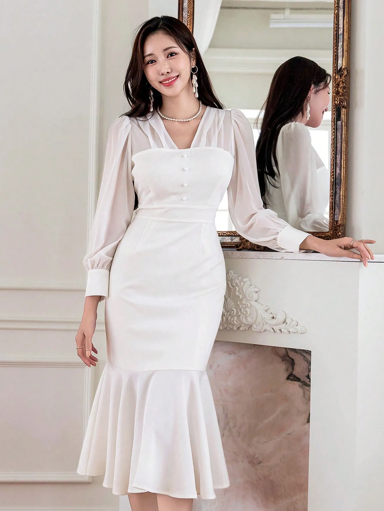 CM-DS273926 Women Elegant Seoul Style Solid Color V-Neck Puff Sleeve Mesh Patchwork Dress