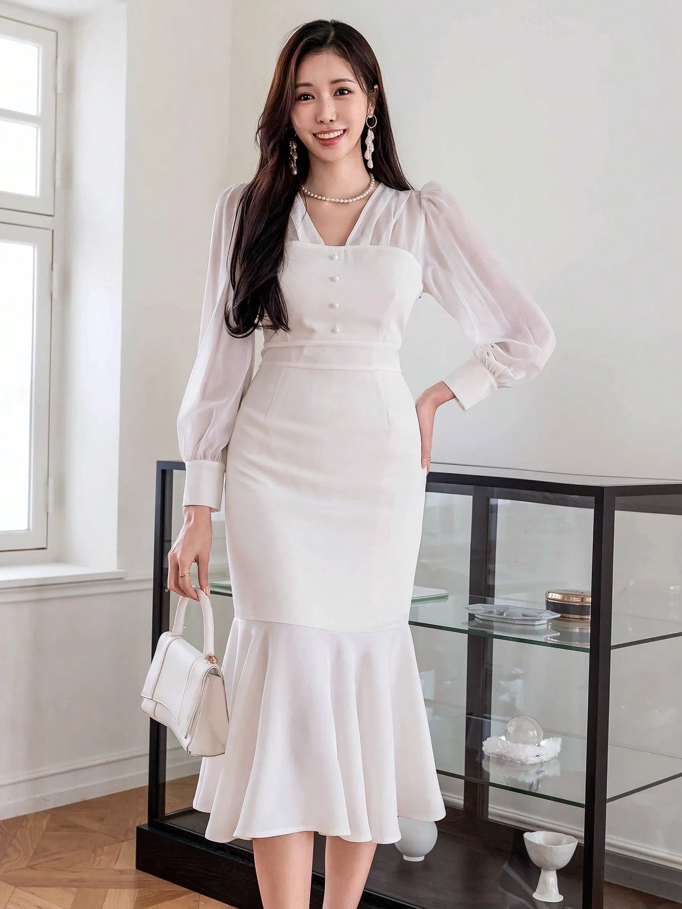 CM-DS273926 Women Elegant Seoul Style Solid Color V-Neck Puff Sleeve Mesh Patchwork Dress