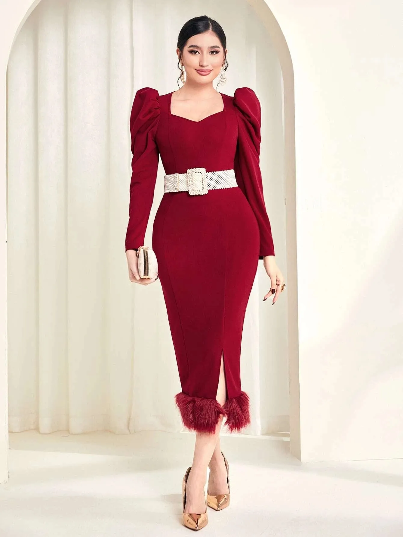 CM-DS285558 Women Elegant Seoul Style Sweetheart Neck Gigot Sleeve Split Hem Dress