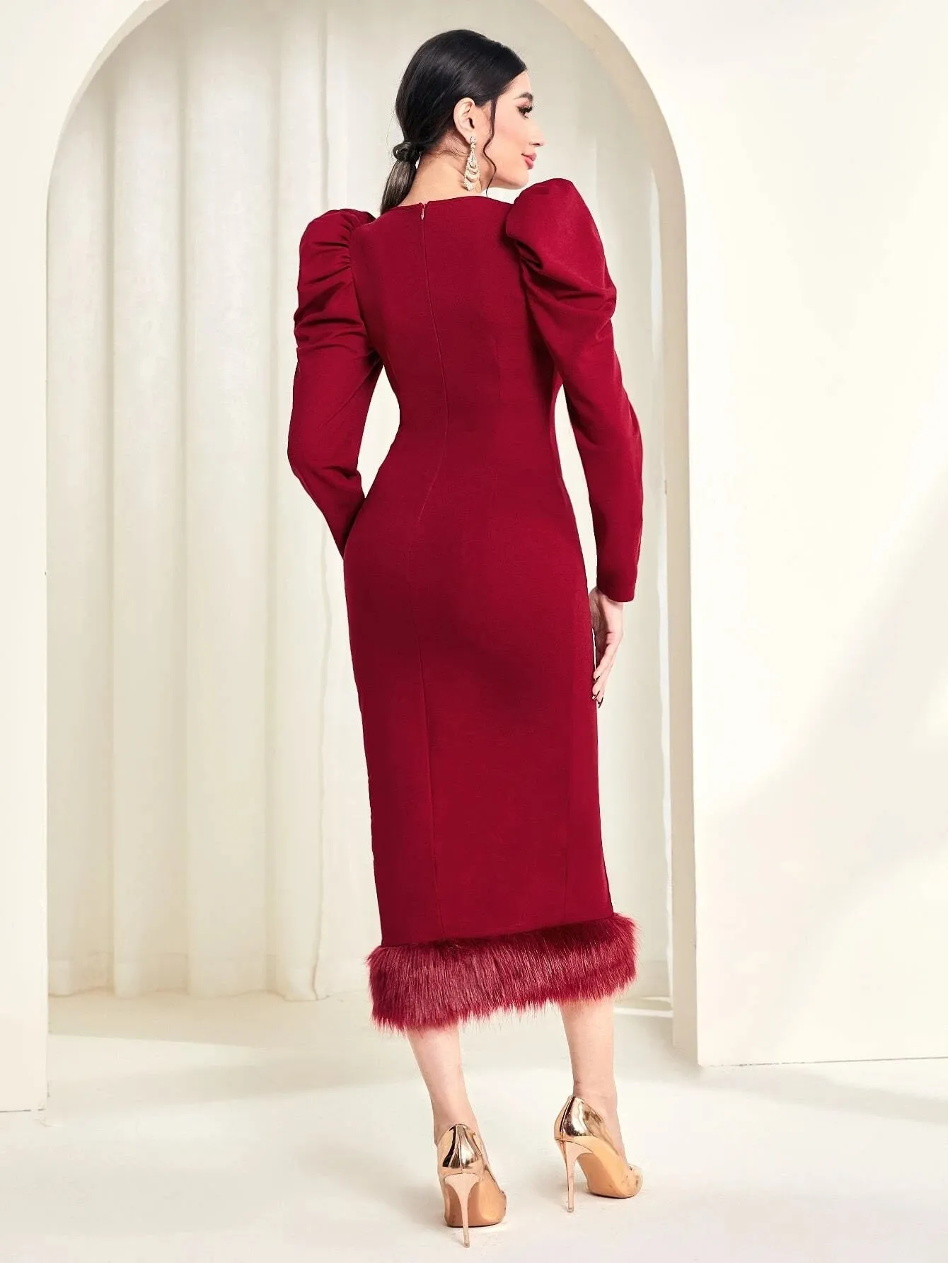 CM-DS285558 Women Elegant Seoul Style Sweetheart Neck Gigot Sleeve Split Hem Dress