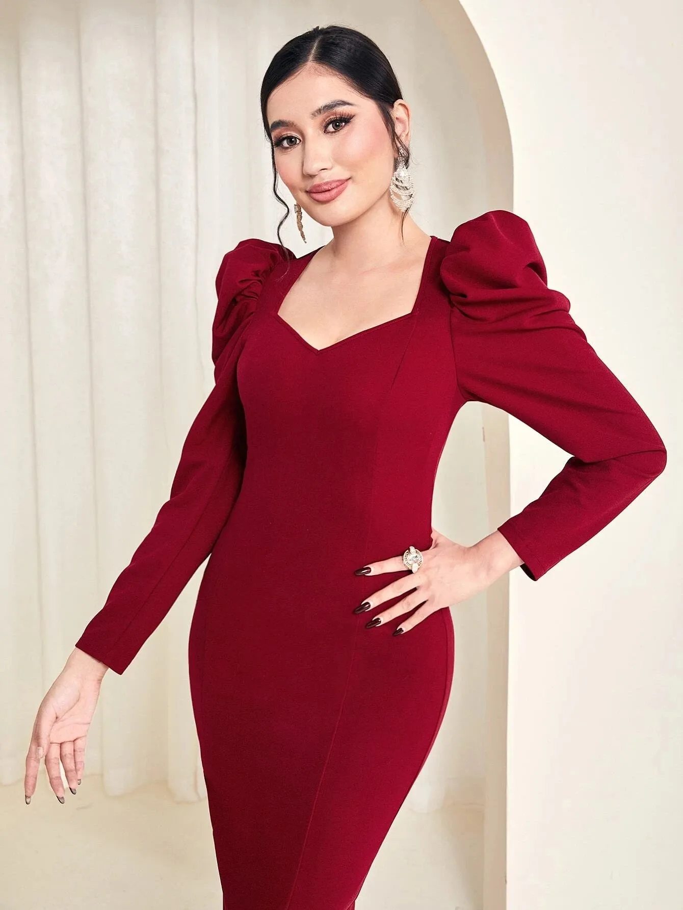 CM-DS285558 Women Elegant Seoul Style Sweetheart Neck Gigot Sleeve Split Hem Dress