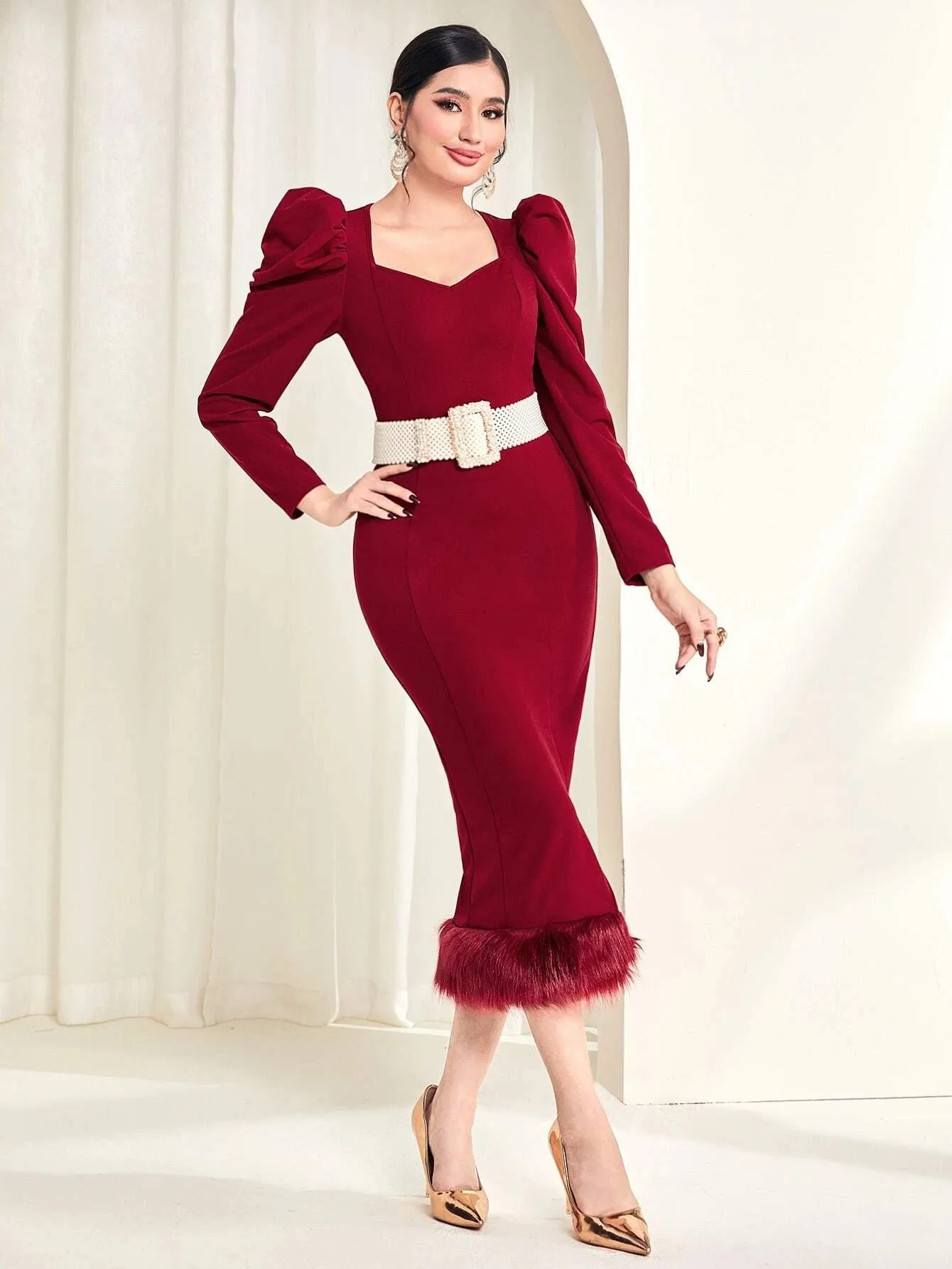 CM-DS285558 Women Elegant Seoul Style Sweetheart Neck Gigot Sleeve Split Hem Dress