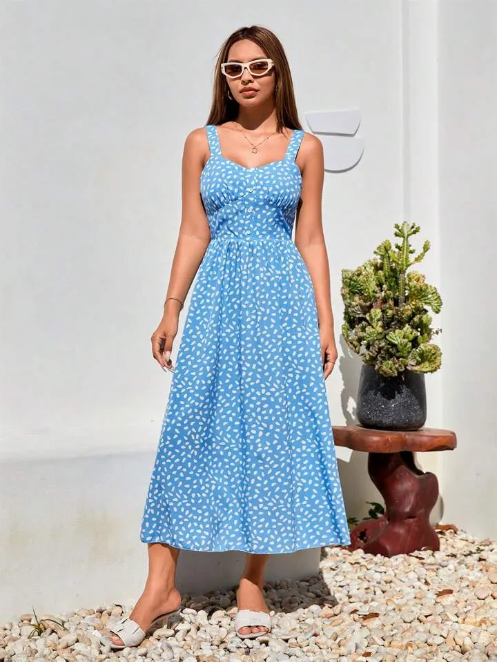 CM-DS308703 Women Casual Seoul Style Loose Fit Spotted Print Spaghetti Strap Dress - Blue