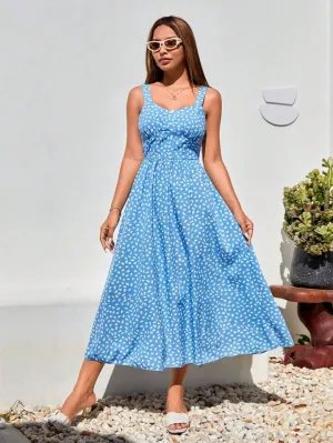 CM-DS308703 Women Casual Seoul Style Loose Fit Spotted Print Spaghetti Strap Dress - Blue